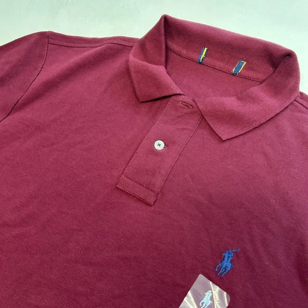 Polo Ralph Lauren Men Short Sleeve Pique Polo Shirt Burgundy Maroon Blue Pony L